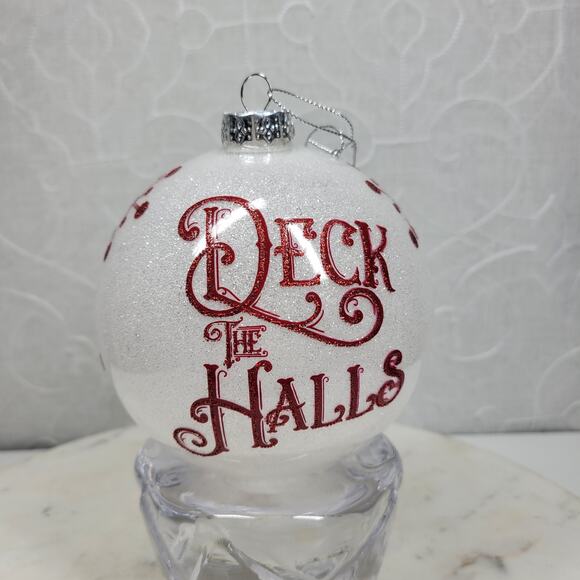 Vintage Deck the Halls Ornament 4.5” Red Glitter Script Handmade Glass - Picture 8 of 16
